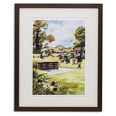 Image of Cartoon Pony and Horse Riding Print. The Water Jump by Thelwell. Framed Ready to Hang.