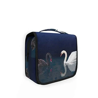 Image of Moyyo Black and White Swan Toiletry Bag Travel Wash Organised Hanging Gym Camping Portable Cosmetic Organiser for Women Girls Kids
