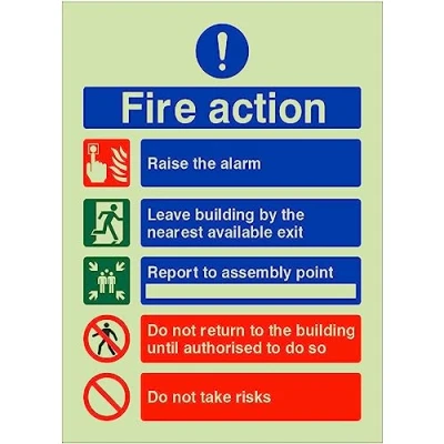 Image of Raise The Alarm Glow In Dark Fire Action Notice Sign 150mm x 200mm Rigid Plastic