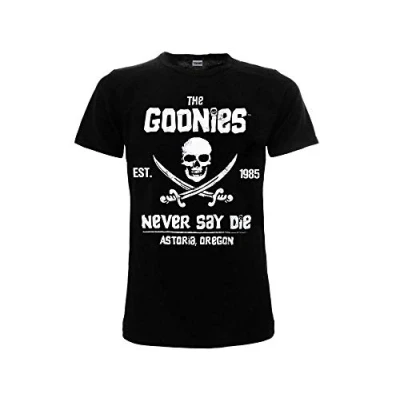Image of Goonies Original Official Never Say Die T Shirt Black Skull, Black, XL