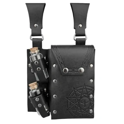 Image of HiiFeuer Medieval Alchemy Faux Leather Belt Bag with 2 Cork Potion Vials, Fantasy Wizard Waist Pouch Side Pack for LARP Ren Faire (Black B)