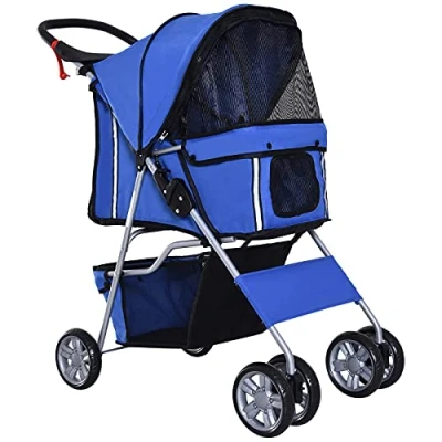 Image of PawHut Pet Stroller for Small Dogs Cats Foldable Travel Carriage with Wheels Zipper Entry Cup Holder Storage Basket Blue