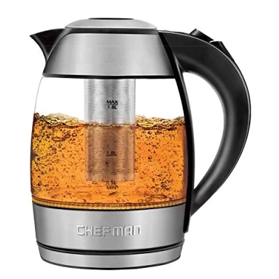 Image of Chefman Electric Glass Kettle with Tea Infuser, 1.8L, Fast Boiling Water Heater w/ Auto Shut off &amp; Boil dry Protection, Cordless Pouring, BPA Free, Stainless Steel
