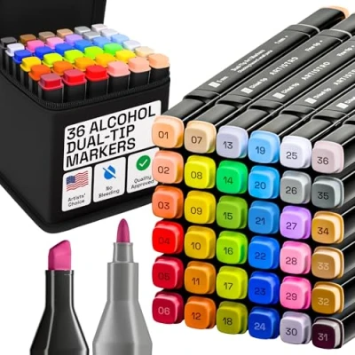 Image of ARTISTRO 36 Dual Tip Alcohol Markers Based Pens Set, Chisel + Fine Tip, Quick Dry, Carrying Case Included