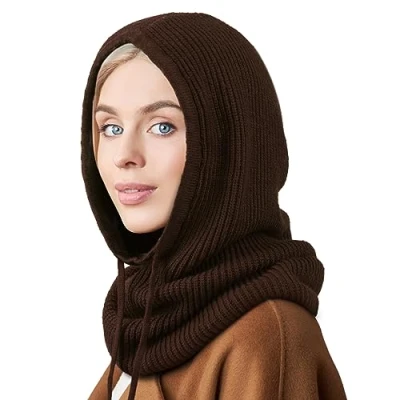 Image of DRESHOW Winter Hats for Women Balaclava Knit Beanie Skull Cap with Drawstring Warm Hooded Scarf Hat