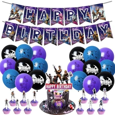 Image of Game Birthday Party Supplies, Decorations Happy Banner, Cake Topper, Cupcake Toppers, Balloons for kids