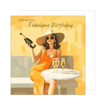 Image of Edition Seidel Premium Square Birthday Card with Envelope. Greeting Saying Fabulous For Her Friend Wife Girlfriend Colleague Sparkling Champagne (GQ250 SW024)