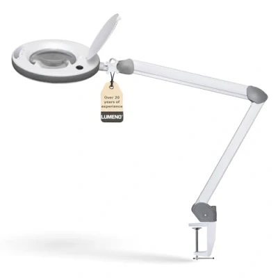 Image of Lumeno 8513GR dimmable LED Magnifying lamp, Large 152 mm Real Glass Lens, 940 Lumen, 3 diopters, Workstation DIY Reading aid, Color: White
