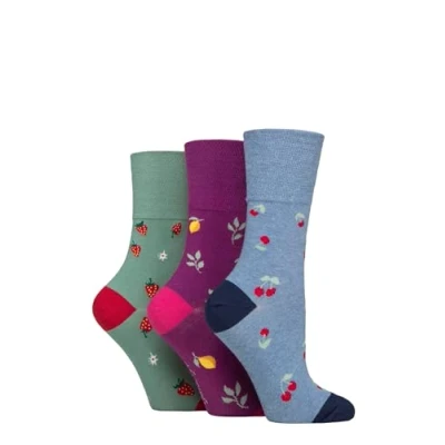 Image of SockShop Gentle Grip Ladies Fun Feet Non Binding Honeycomb Top Novelty Patterned Socks in a Multipack of 3 Assorted Colours Size 4 8 Fruits