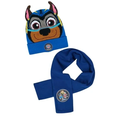 Image of ONOMATO! Paw Patrol Chase Boys Kids Winter Beanie Hat with Ears + Scarf, blue, regulär