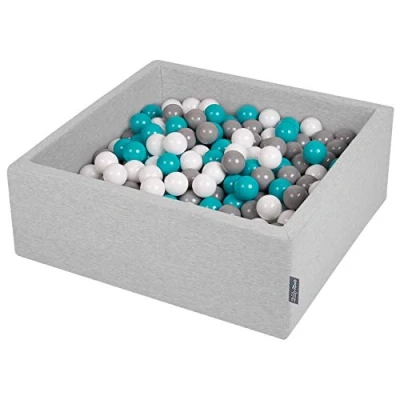 Image of KiddyMoon 90X30cm/300 Balls ∅ 7Cm / 2.75In Square Baby Foam Ball Pit Made In EU, Light Grey:Grey/White/Turquoise