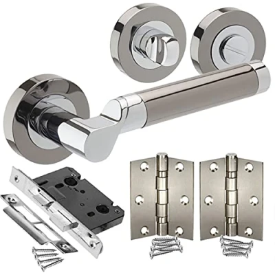 Image of Black Nickel Bathroom Door Handle Packs with Lock, Turn and Hinges H750043D HB1