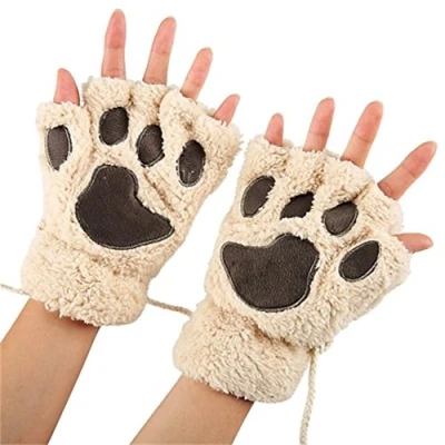 Image of MAKFORT 1 Pair Ladies Girls Womens Cat Paw Gloves Winter Fingerless Mittens Warm Plush Half Finger Cream