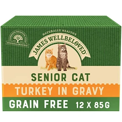 Image of James Wellbeloved Senior Grain Free Turkey in Gravy 12 Pouches, Hypoallergenic Wet Cat Food, Pack of 1 (12 x 85 g)