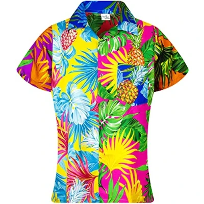 Image of King Kameha Funky Hawaiian Blouse Shirt, Shortsleeve, Print Pineapple Leaves, Mix, XXL