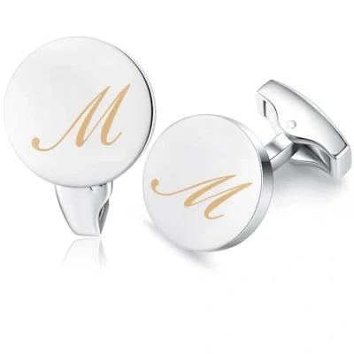 Image of HONEY BEAR Initial Alphabet Letter Cufflinks for Men, Silver Round Shape Wedding Business Gifts A Z (M)