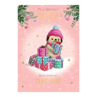 Image of Sister Christmas Card Special Hedgehog and Stars Artistic Festive Design Finish Made in the UK Eco Friendly