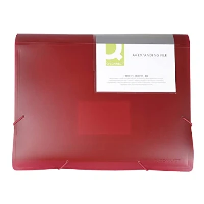 Image of Q Connect Expanding Folder Organiser with Elastic Strap / 6 Compartments/Dividers/Pockets/PP/Document A4 Transparent Red/Has Compartments Index Windows and Indexes