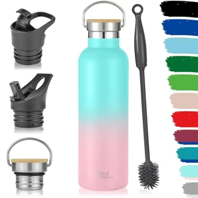 Image of Milu Stainless Steel Drinking Bottle 350ml, 500ml, 750ml, 1l (+3 Lids) Thermo with Straw, Water Bottle, for Hot, Cold &amp; Carbonated Drinks (Mint Pink, 750ml)
