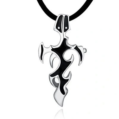 Image of DonDon Men&#039;s Necklace Leather 50 cm 19,7&quot; with Tribal Cross Pendant Silver Stainless Steel in a Black Velvet Gift Bag