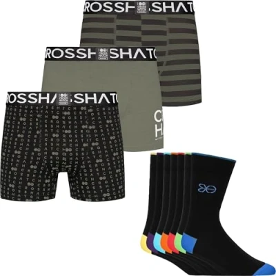 Image of Crosshatch Mens 3 Pack Boxers/7 Socks Gift Set Multipack Husband Dad Boyfriend, Deep Lichen Green Gridline, M