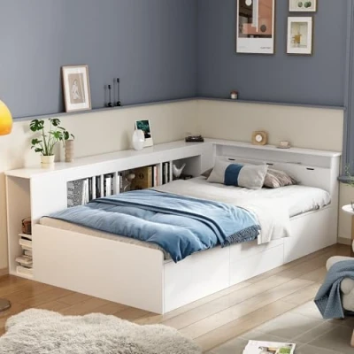 Image of Merax Stylish Single Bed, 3FT Bed Frame with Drawers, Bookcase and Storage Cupboard, Multifunctional Storage, Wooden Frame, Children&#039;s Youth White, 90x190cm