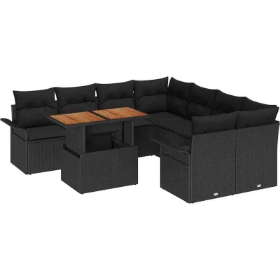 Image of vidaXL 9 Piece Garden Sofa Set with Cushions Black Poly Rattan