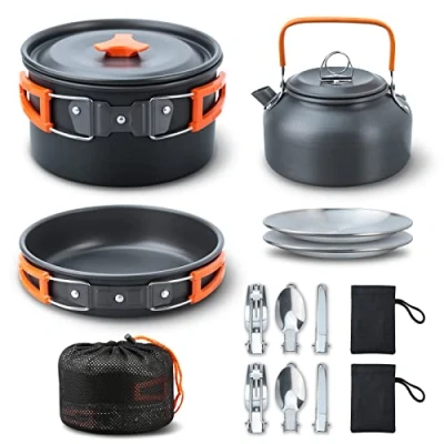 Image of HUIOP Camping Cooking Set cookware 16pcs Pot pan Nesting Camp Cook Camping&amp;Hiking Mini Backpacking Pans