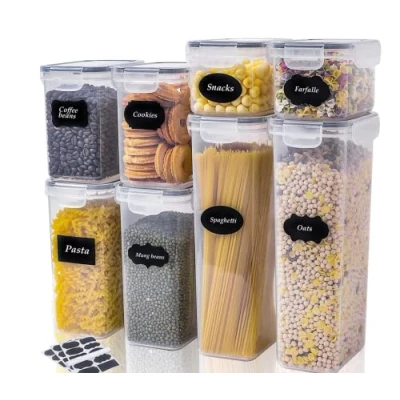 Image of BUBZEE Airtight Food Storage Containers Set of 8pc Kitchen Organisation Jars For Cereal With Labels, marker &amp; Spoons Ideal Flour, Sugar, Nuts, Pasta Rice