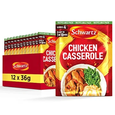 Image of Schwartz Chicken Casserole 36 G, Serves 4, Pack of 12, Rich &amp; Spicy Flavour, Expertly Blended With Herbs Spices, Garlic, Sage, and Rosemary, Suitable for Vegetarians