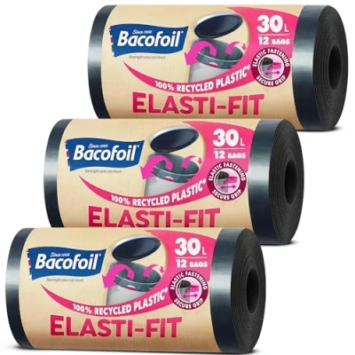 Image of Bacofoil Elasti Fit Bin Liners with Drawstring Handles 30L Leak Proof Bag Elastic Fastening for a Secure (3 Rolls, 36 Bags)…