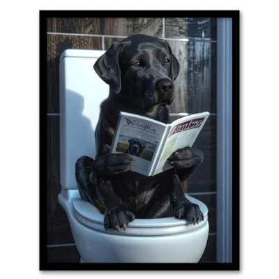 Image of Artery8 Dog Lover Funny Black Labrador Reading on Toilet For Bathroom Art Print Framed Poster Wall Decor 12x16 inch