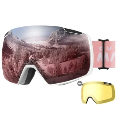 Image of OutdoorMaster Heron Ski Goggles with 2 Lens, Frameless, Magnetic Interchangeable HD Toric OTG Snowboard Goggles(WhiteFrame Rose Vlt 28% + YellowLens)