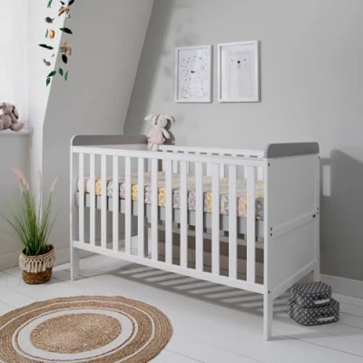 Image of Tutti Bambini Rio Baby Cot Bed with Top Changer 2 in 1 Crib &amp; Toddler Bed, Adjustable Base, Cot, Birth to 6 Years, Newborn Essentials, White Dove Grey (140 cm x 70 cm)