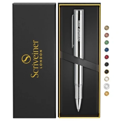 Image of Scriveiner Personalised Silver Chrome Rollerball, Award Winning EDC Pen, Heavy Pocket Pen with Finish, Best Engraved Roller Ball Gift Set for Men &amp; Women, Custom Name Engraving
