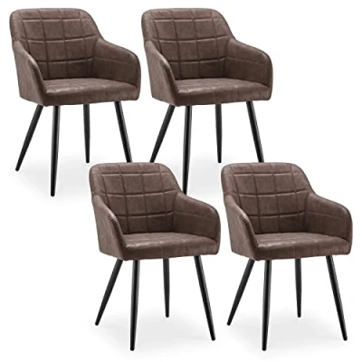 Image of CLIPOP Dining Chairs Set of 4 Brown Faux Leather Kitchen Counter with Arms Back and Metal Legs, Lounge Reception for Living Room Home Office