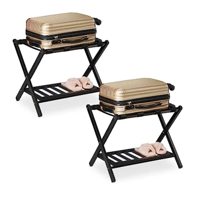 Image of Relaxdays Luggage Stand, Wooden, 2X Set, Suitcase Holder, 2 Shelves, Folding, HxWxD: 54x66x45cm, Hotel, Storage, Black, 54 x 66 45 cm