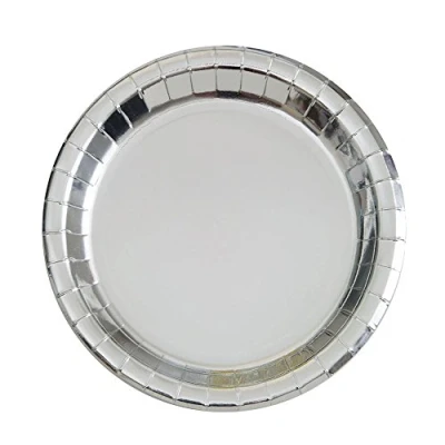 Image of Elegant Silver Foil Round Paper Dessert Plates (17cm) Pack of 8 Premium Board for Shiny Finish, Perfect Parties &amp; Events