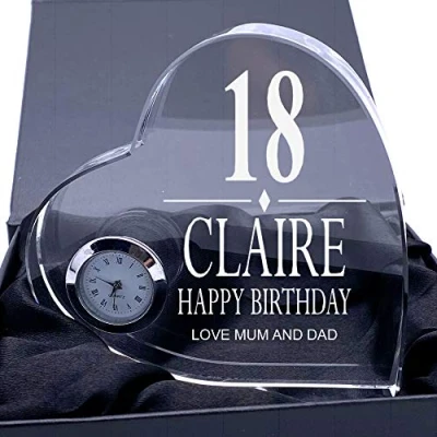 Image of ukgiftstoreonline Engraved Heart Crystal Glass Clock Any Birthday Gift 18th, 21st, 30th, 40th, 50th, 60th, 70th, 80th, 90th