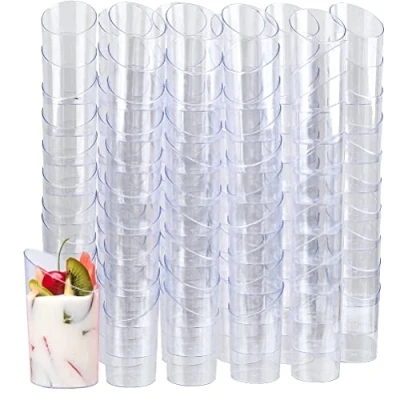 Image of 100 PCS 2.3 oz Mini Angled Dessert Cups, 65ml Round Cylinder Clear Plastic Parfait Appetizer Cup, Cheesecake Pots Party Reusable Serving Cups for Pudding Mousse