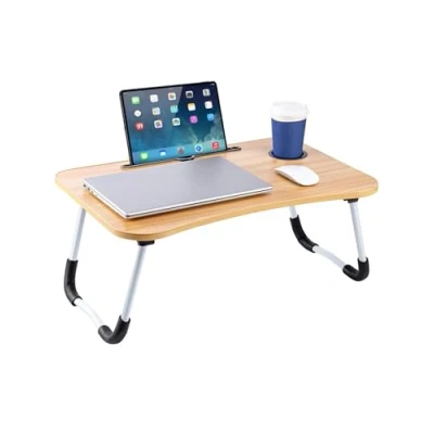 Image of CROWNSHOP Laptop Table, 60 X 40 28cm Bed Desk Stand With Foldable Legs &amp; Cup Slot Notebook Computer Table Tray For Sofa Bed, Pink (Walnut)