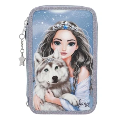 Image of Depesche 13149 TOPModel Wolf Filled 3 Compartment Pencil Case in Dark Blue, with Model Motif, Stars and Glitter, Colouring Pencils, Ruler, Scissors Much More, Blue