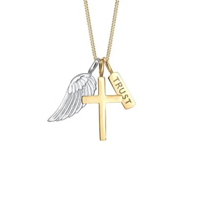 Image of Elli Women&#039;s 925 Sterling Silver Wording Lettering Cross Religion Bi Color Pendant Necklace 45cm length