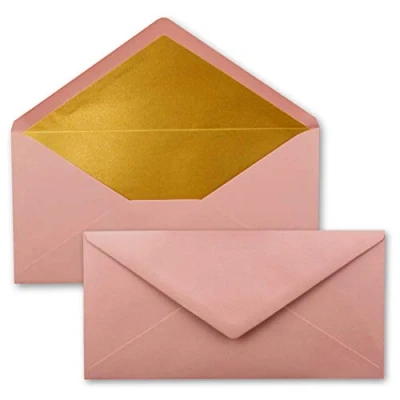 Image of 25 envelopes DIN long old pink (pink) with gold metallic inner lining 110 x 220 mm wet glue festive for Christmas