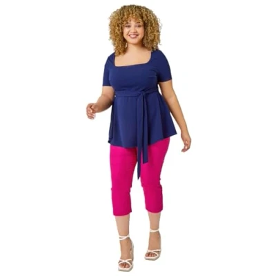 Image of Roman Curve Stretch Belted Peplum Top for Women UK Ladies Spring Everyday Summer Holiday Square Neckline Comfy Short Sleeve Soft Tee Tie Waist Detail Shirts Navy Size 22