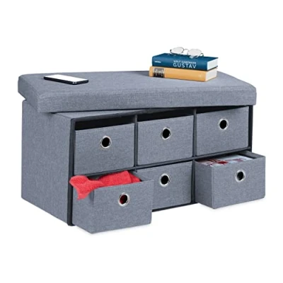 Image of Relaxdays Storage Bench, 6 Drawers, Padded Stool for Home, Foldable, HxWxD: 39 x 76 38 cm, Grey