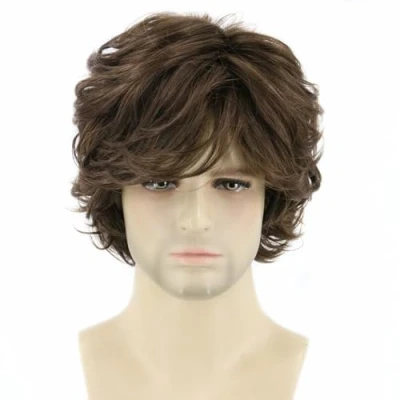 Image of LeMarnia Men&#039;s Light Brown Short Curly Wig Wavy Layered Synthetic Halloween Cosplay
