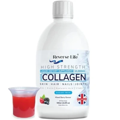 Image of Reverse Life Marine Collagen Hydrolysed Peptide Supplement Drink Infused with Vitamin C, D, Hyaluronic Acid, and Biotin High Strength Dietary 10000mg