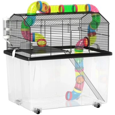 Image of PawHut Hamster Cage with 31cm Deep Tray, 2 Tier Gerbil Tube System, Water Bottle, Ramp, Feeding Bowl, 58 x 43 57cm, Multicolour