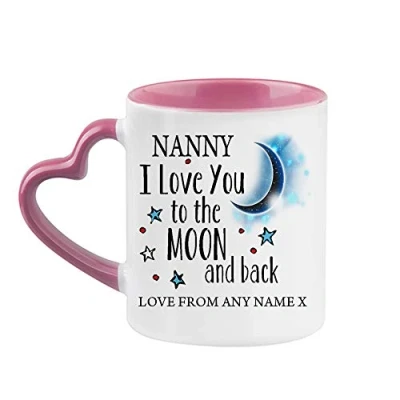 Image of Personalised Nanny I Love You to The Moon &amp; Back Coffee Tea Cocoa Soup Daily use Mug Valentine&#039;s Day Birthday Party gage Keepsake Unique Ceramic Cup Mug. (Pink Heart Handle)